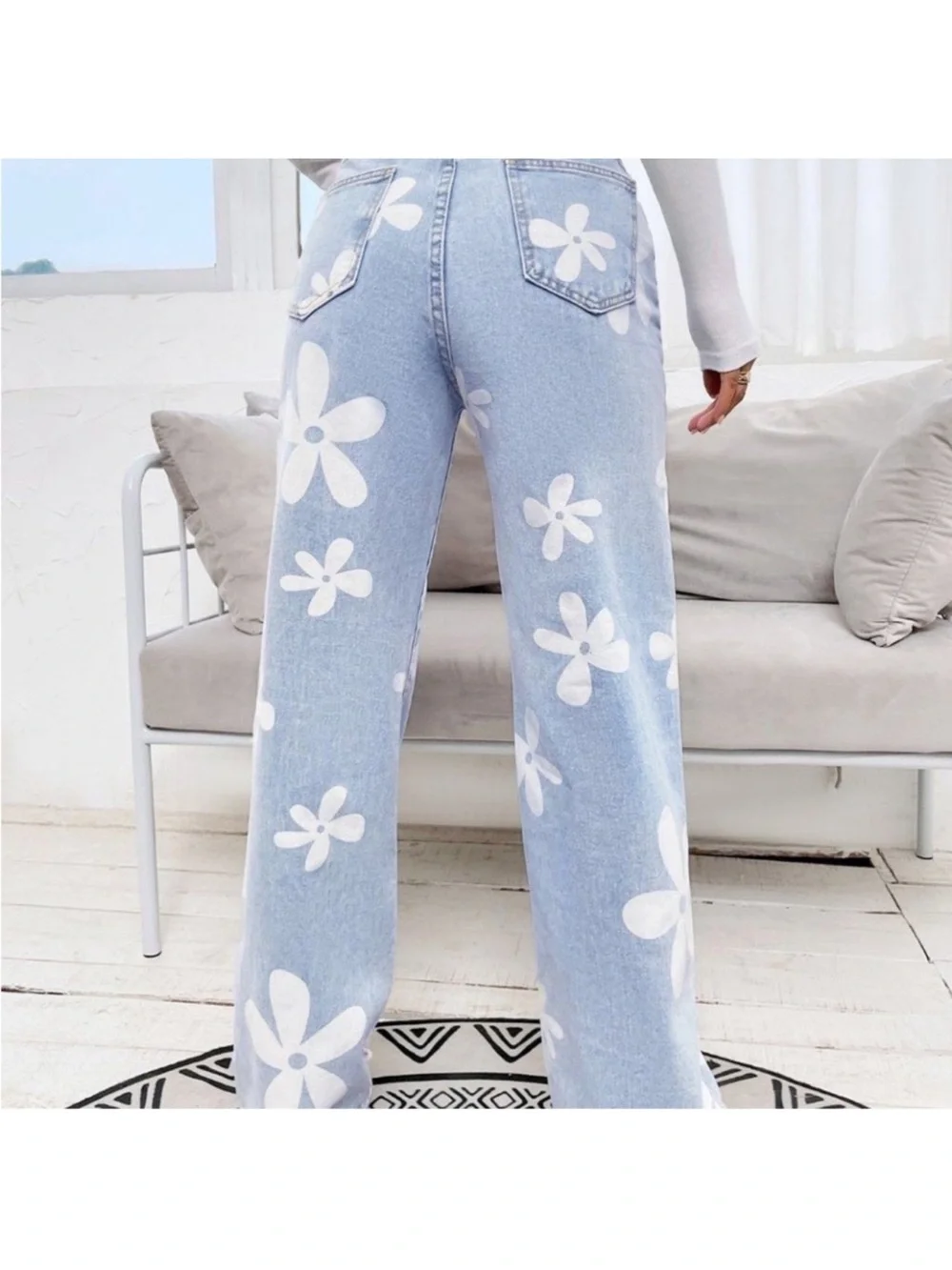 Flying Angel Floral Print Light Blue Wide Leg High Rise Jeans, Size 30 - Picture 4 of 8